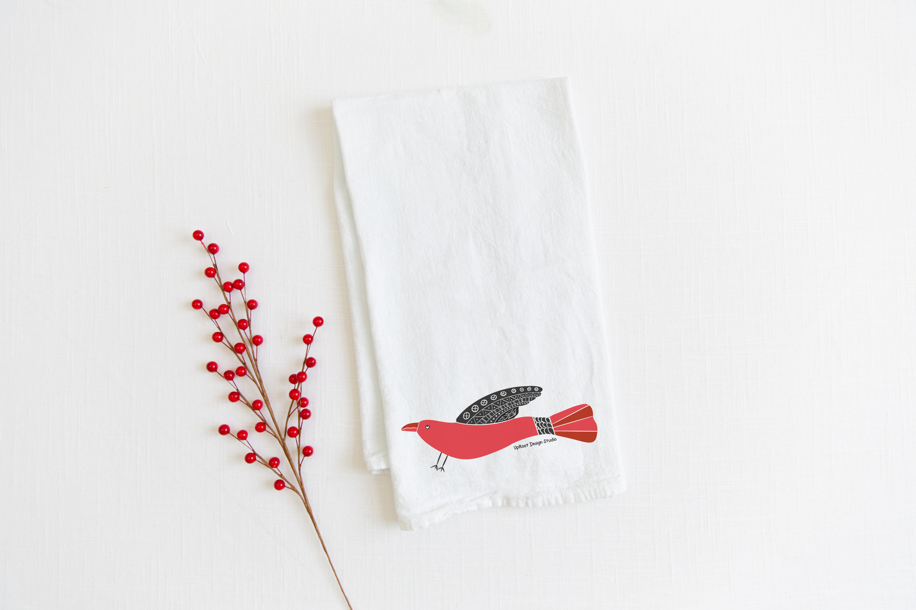 100% Organic Cotton "Soaring Birds" Kitchen Tea Towels w. Hand-drawn Adorable Art - Assorted (Tea Time/Winter Forest)