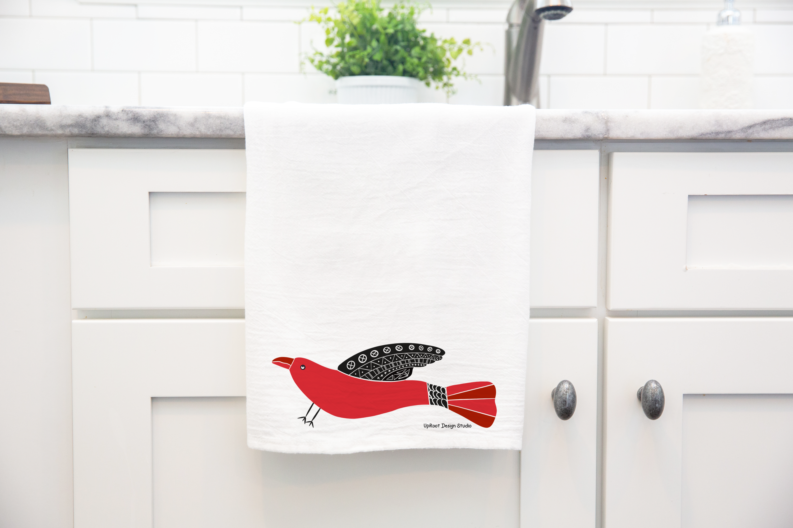 100% Organic Cotton "Soaring Birds" Kitchen Tea Towels w. Hand-drawn Adorable Art - Assorted (Tea Time/Winter Forest)