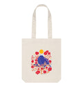 Bird in the Bush 100% Organic Cotton Grocery Tote Bag w. Adorable Blue Bird, Brown Branches, Red Flowers, Berries, Sun & Stars