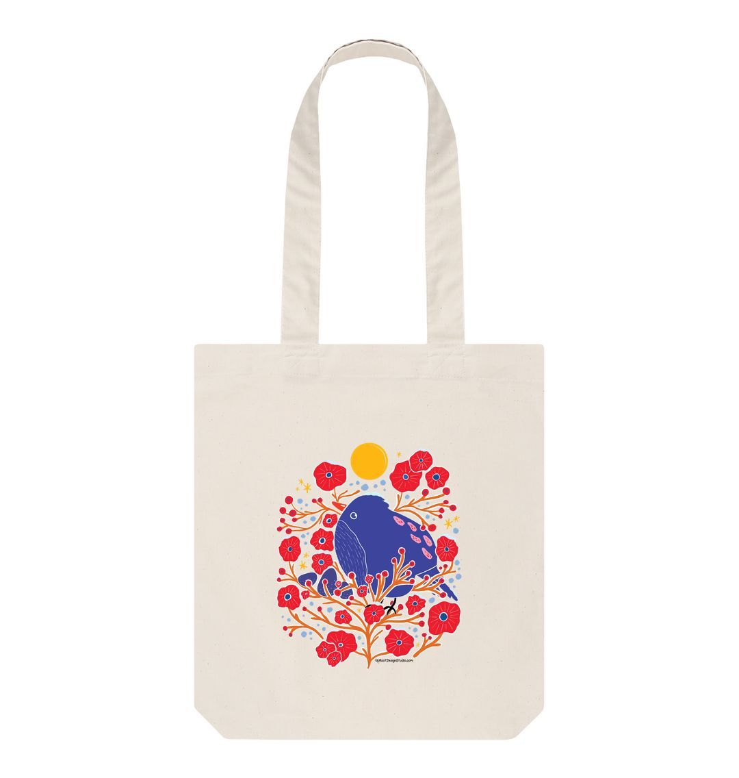 Bird in the Bush 100% Organic Cotton Grocery Tote Bag w. Adorable Blue Bird, Brown Branches, Red Flowers, Berries, Sun & Stars