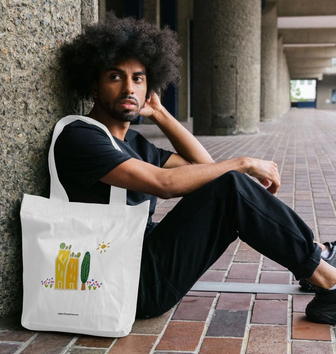 "Green Cities" 100% Organic Cotton Grocery Tote Bag w. Colorful Apartment Buildings, Rooftop Garden, Sun, Tree & Flowers
