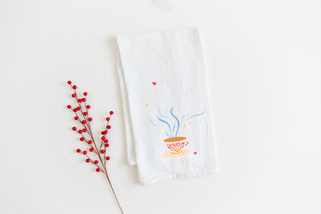100% Organic Cotton "Afternoon Tea" Kitchen Tea Towels w. Hand-drawn Adorable Art - Assorted (Tea Time/Winter Dreaming)