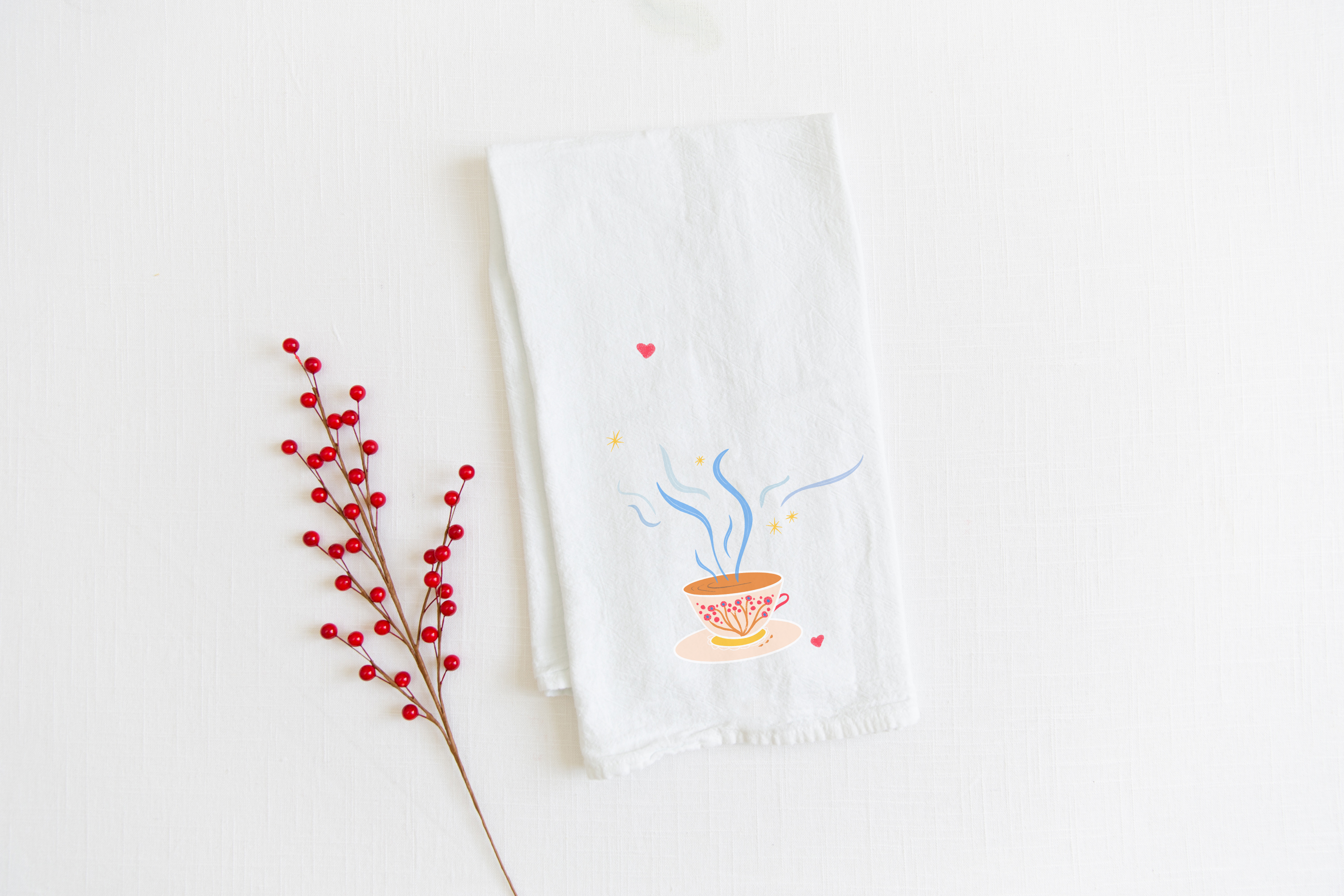 100% Organic Cotton "Afternoon Tea" Kitchen Tea Towels w. Hand-drawn Adorable Art - Assorted (Tea Time/Winter Dreaming)
