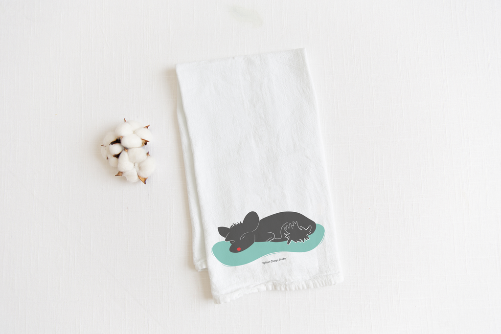 100% Organic Cotton "Nap Time" Sleeping Dogs Kitchen Tea Towels w. Hand-drawn Adorable Art - Assorted (Tea Time/Warm Wishes)