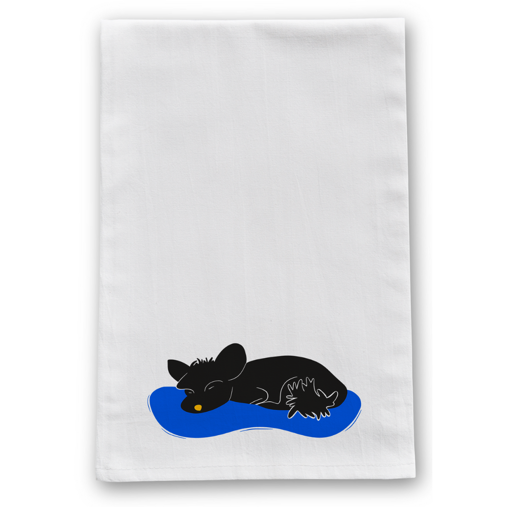 100% Organic Cotton "Nap Time" Sleeping Dogs Kitchen Tea Towels w. Hand-drawn Adorable Art - Assorted (Tea Time/Warm Wishes)