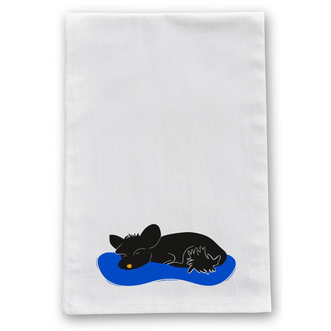 100% Organic Cotton "Nap Time" Sleeping Dogs Kitchen Tea Towels w. Hand-drawn Adorable Art - Assorted (Tea Time/Warm Wishes)