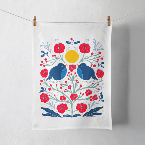 100% Organic Cotton "Two Birds in the Bush" Kitchen Tea Towel w. Hand-drawn Adorable Blue Birds & Red Flowers (Tea Time/Winter Dreaming)