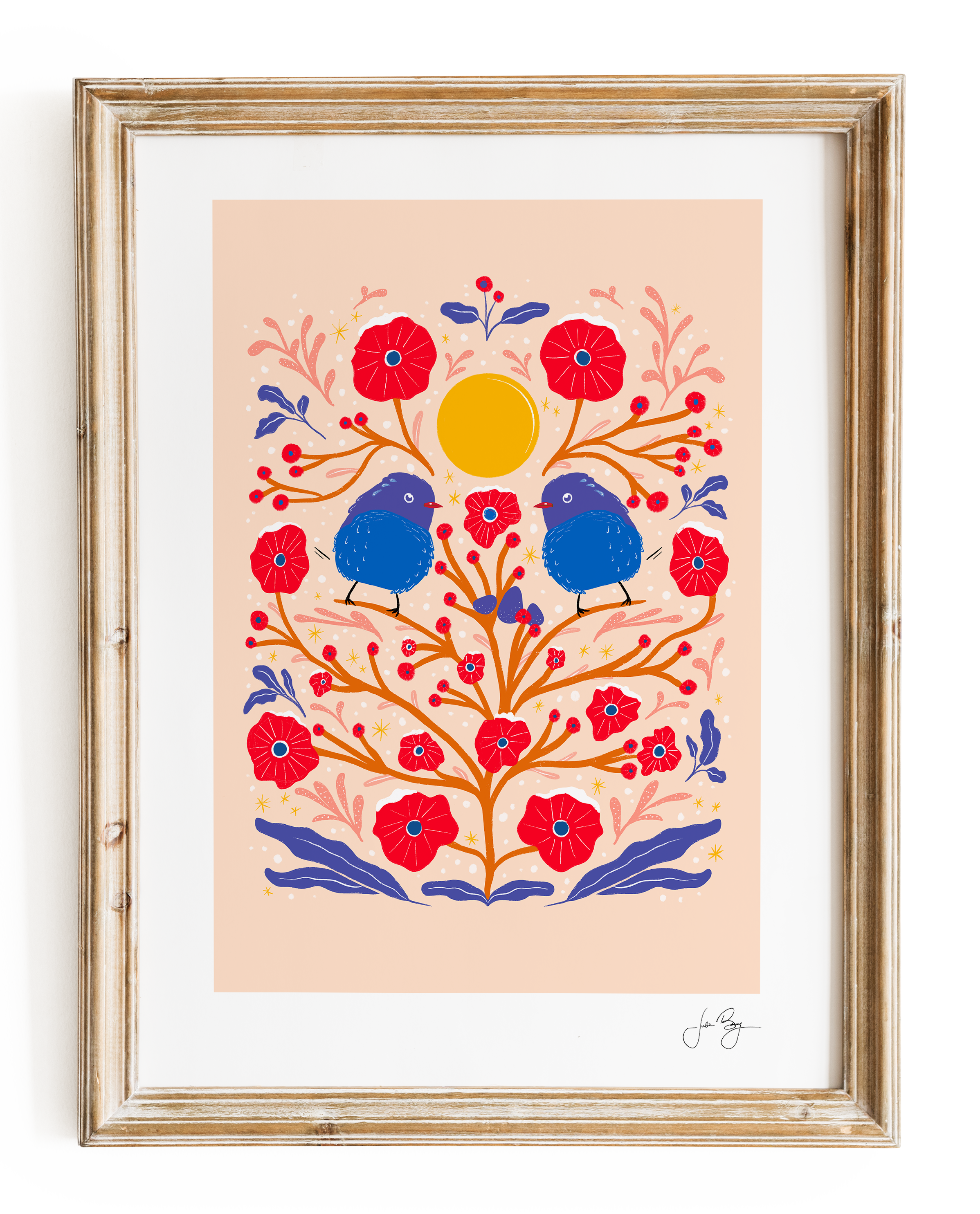 "Two Birds" Hand-Drawn Eco-Art Print 12x18" (Assorted Pattern & Colors)