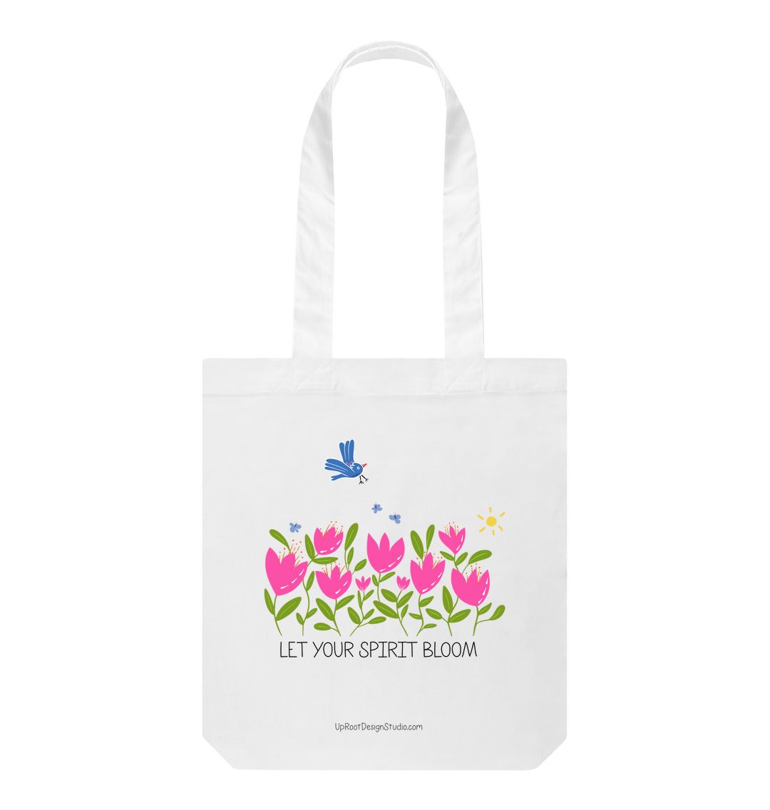 "Let Your Spirit Bloom" 100% Organic Cotton Grocery Tote Bag w. Breezy Tulip Flowers, Blue Bird & Sun