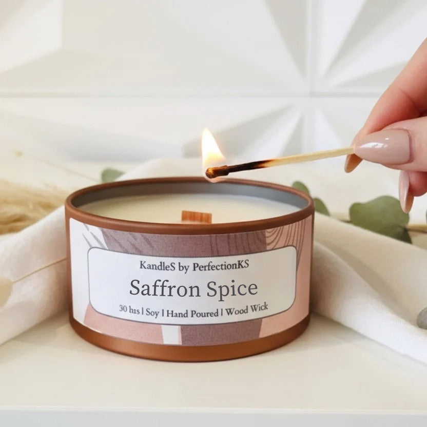 Saffron Spice Luxury Candle | 8oz Non-Toxic Soy Candle with Wooden Wick | Clean Burn