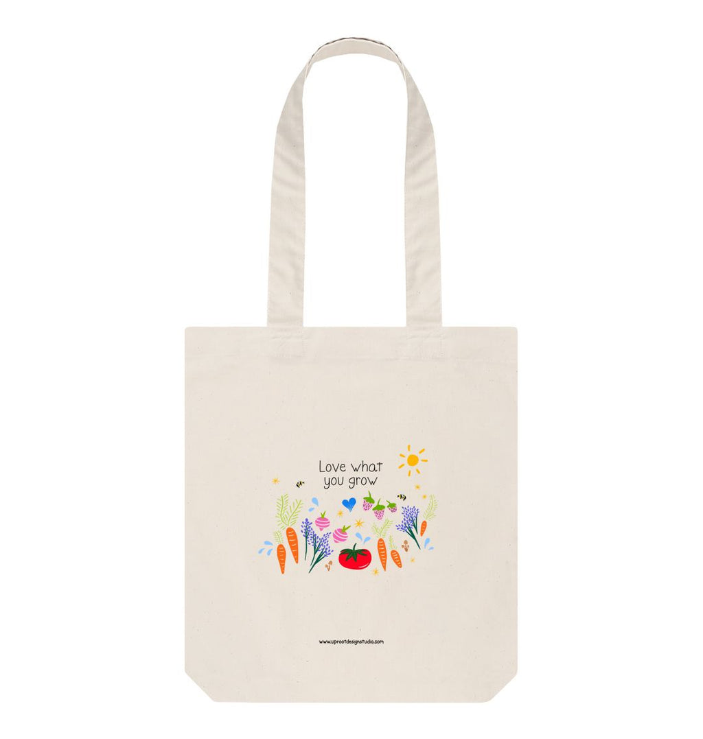 "Love What You Grow" Garden Party 100% Organic Cotton Grocery Tote Bag w. vegetables, fruit, raindrops, stars & sun